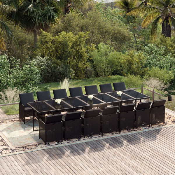 15-tlg. Garten-Essgruppe mit Kissen Poly Rattan Schwarz