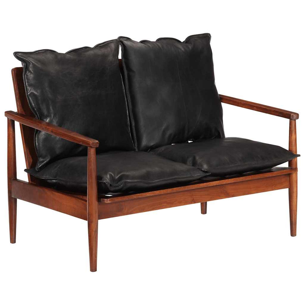 Schwarzes 2-Sitzer Sofa Echtleder Akazie