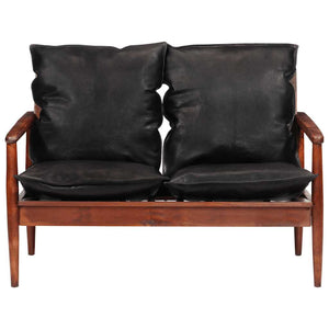 Schwarzes 2-Sitzer Sofa Echtleder Akazie