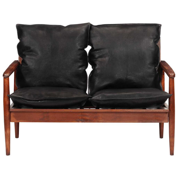 Schwarzes 2-Sitzer Sofa Echtleder Akazie