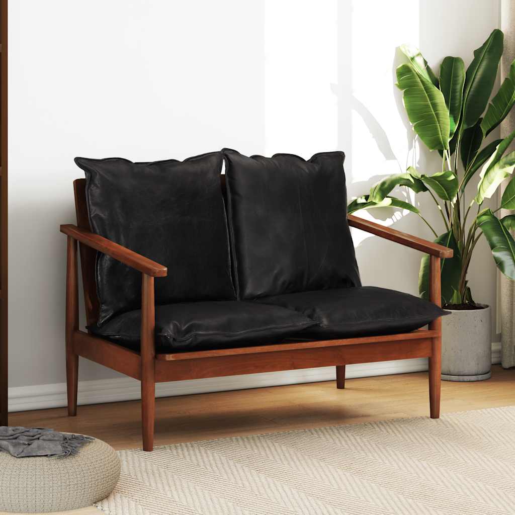 Schwarzes 2-Sitzer Sofa Echtleder Akazie