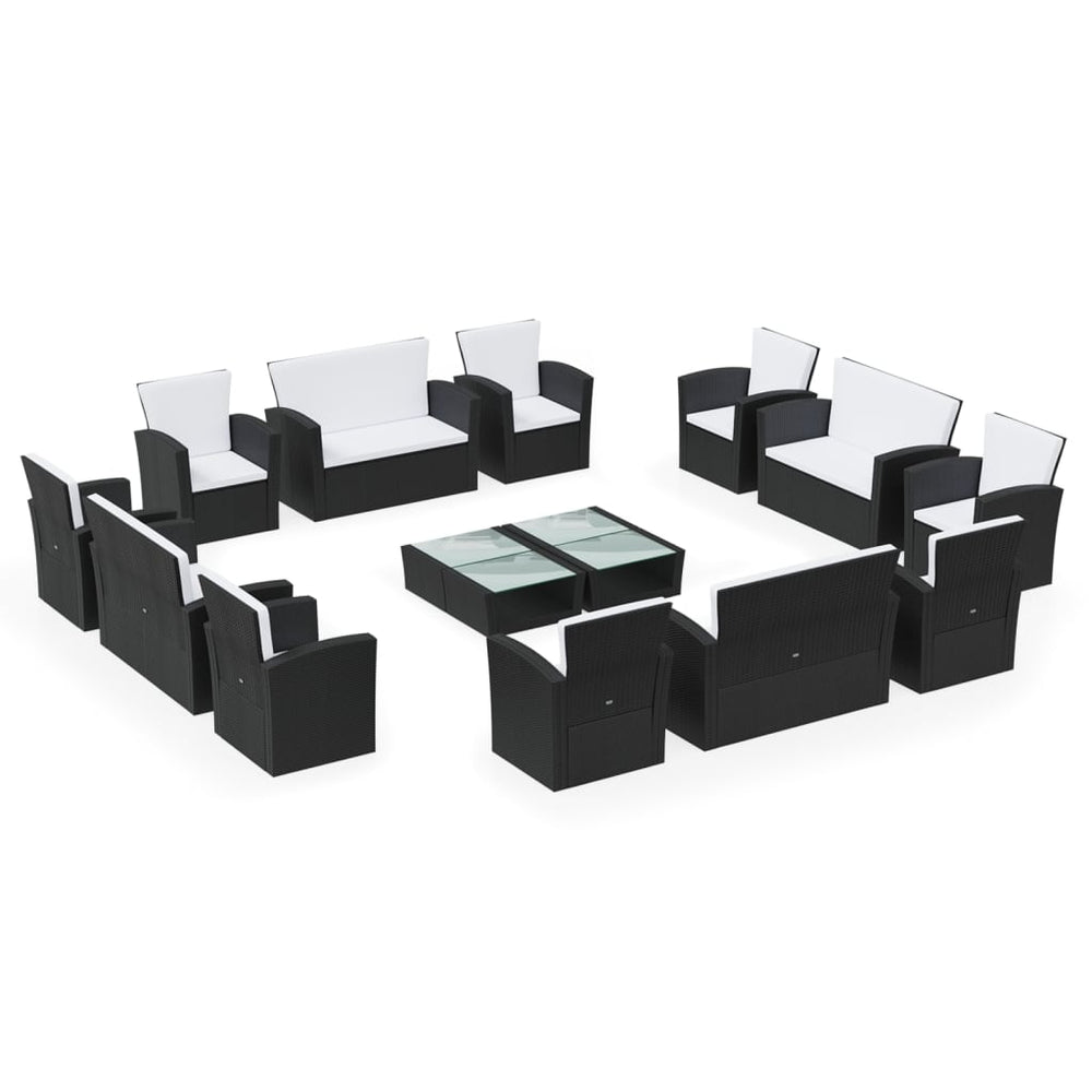 vidaXL Salon de jardin 16 pcs avec coussins, résine tressée, noir