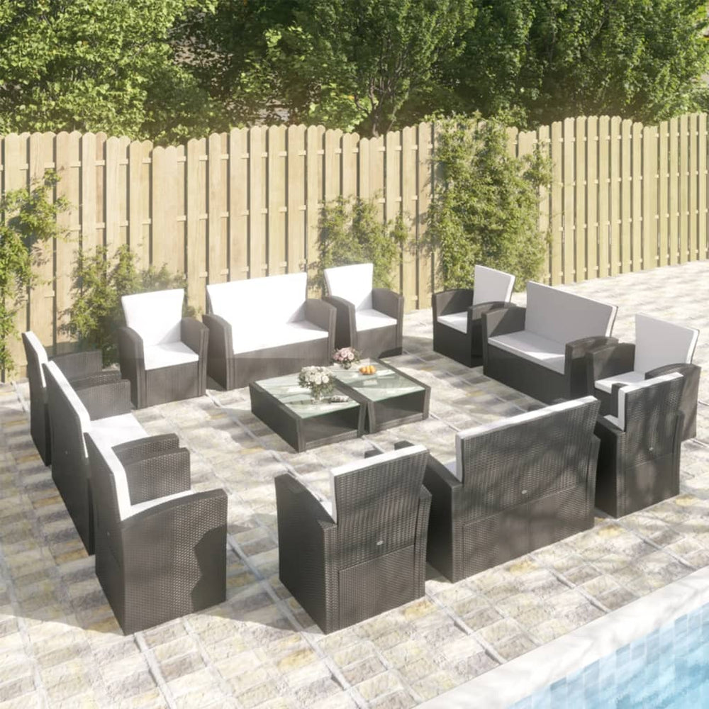 vidaXL Salon de jardin 16 pcs avec coussins, résine tressée, noir