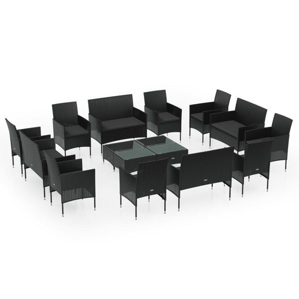 16-tlg. Garten-Lounge-Set mit Auflagen Poly Rattan Schwarz