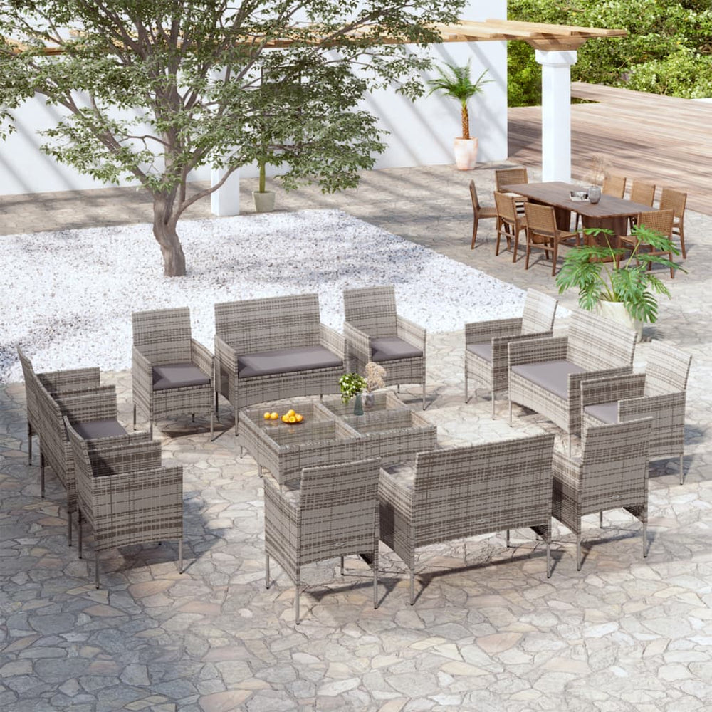 vidaXL Salon de jardin 16 pcs avec coussins résine tressée Gris