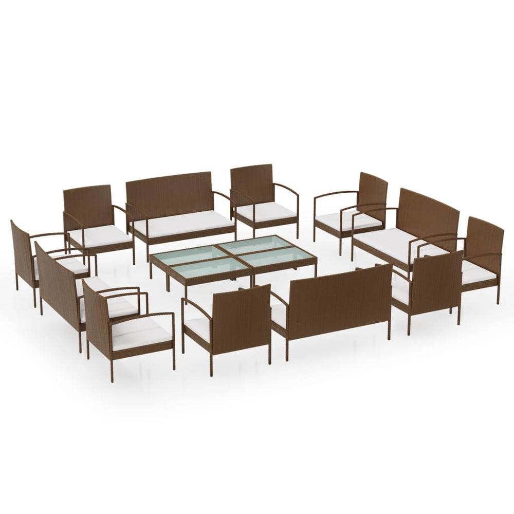 vidaXL Salon de jardin 16 pcs avec coussins résine tressée marron