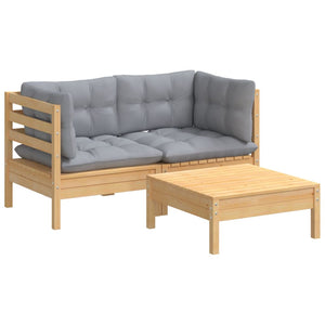 3-tlg. Garten-Lounge-Set mit Grauen Kissen Kiefernholz