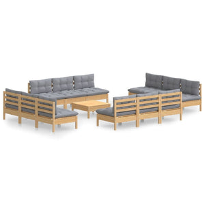 13-tlg. Garten-Lounge-Set mit Grauen Kissen Kiefernholz