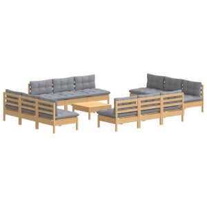 13-tlg. Garten-Lounge-Set mit Grauen Kissen Kiefernholz