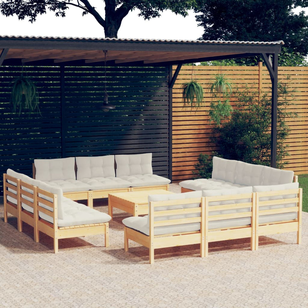 vidaXL Salon de jardin 13 pcs avec coussins crème en bois de pin