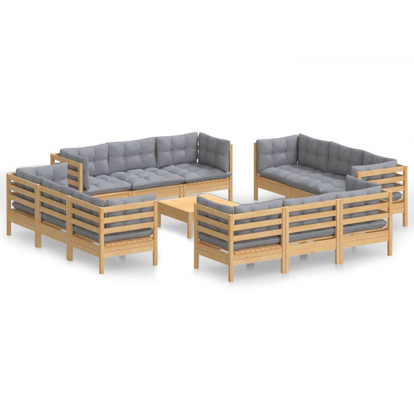 13-tlg. Garten-Lounge-Set mit Grauen Kissen Kiefernholz