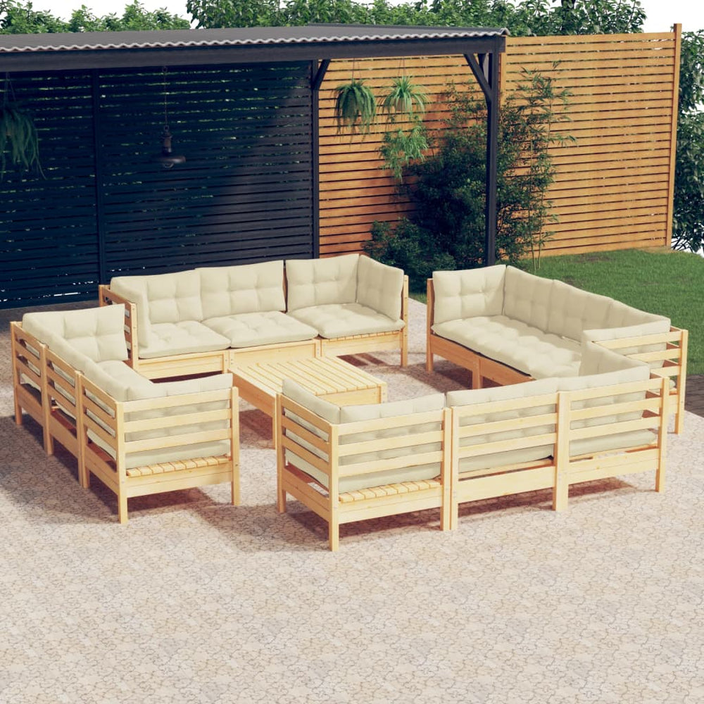 vidaXL Salon de jardin 13 pcs avec coussins crème en bois de pin