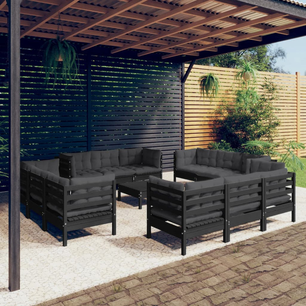 vidaXL Salon de jardin 13 pcs avec coussins anthracite Bois de pin