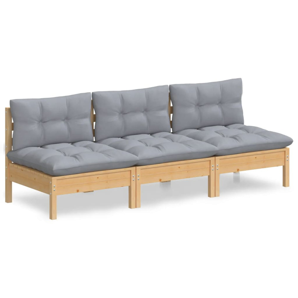 3-Sitzer-Gartensofa mit Grauen Kissen Massivholz Kiefer