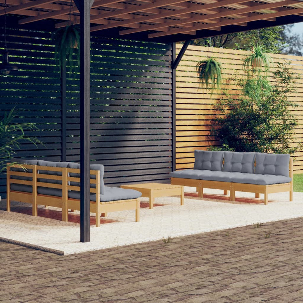 7-tlg. Garten-Lounge-Set mit Grauen Kissen Kiefernholz