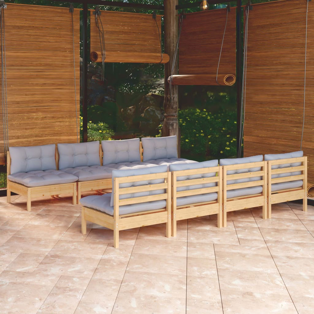 9-tlg. Garten-Lounge-Set mit Grauen Kissen Kiefer Massivholz