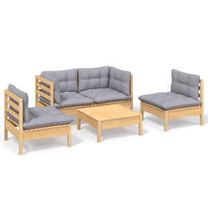 5-tlg. Garten-Lounge-Set mit Grauen Kissen Kiefer Massivholz