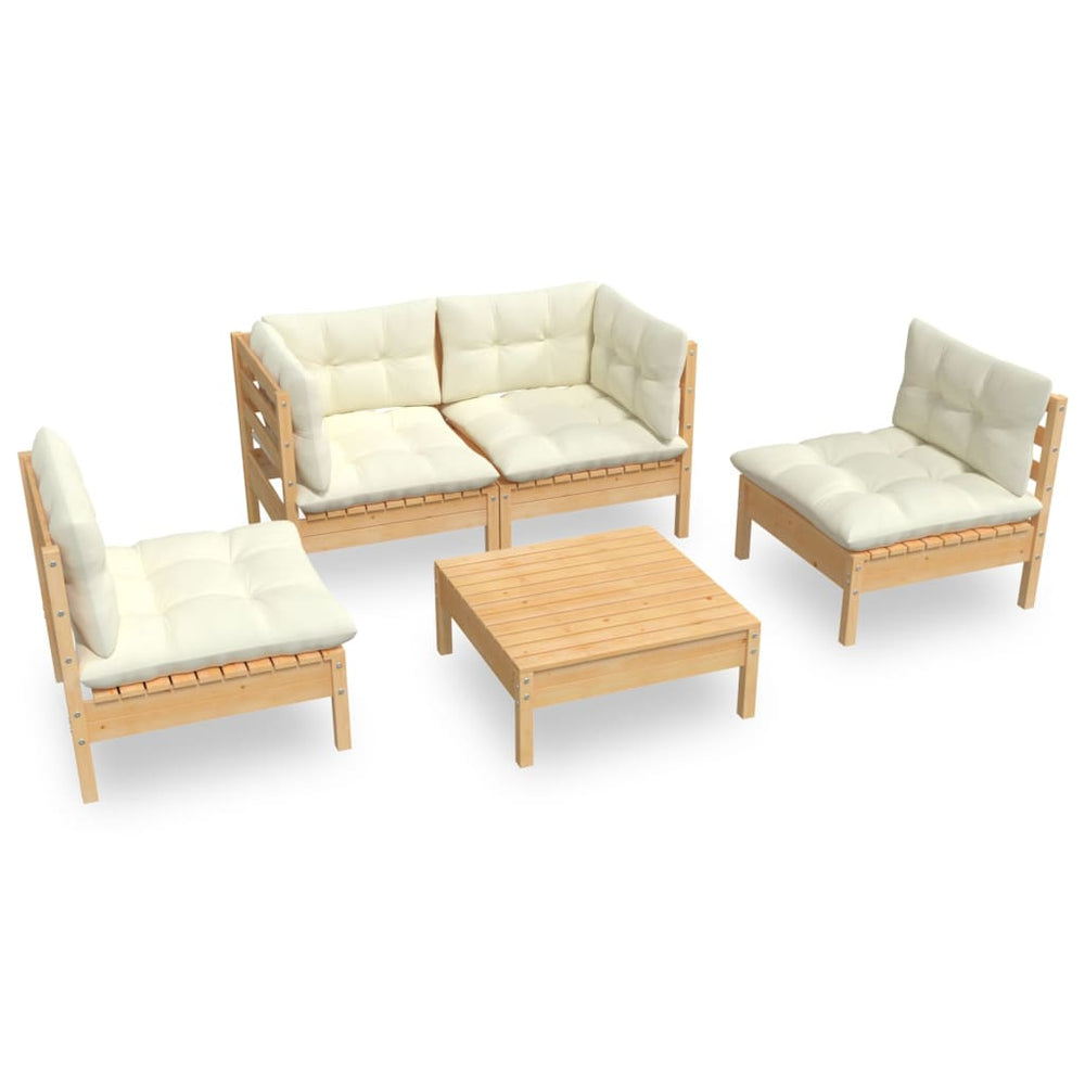 vidaXL Salon de jardin 5 pcs avec coussins crème Bois de pin massif