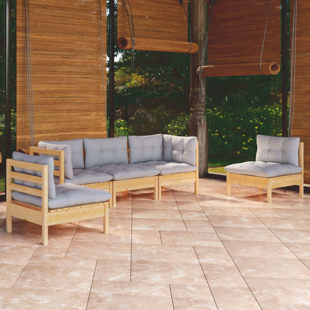 vidaXL Salon de jardin 5 pcs avec coussins gris Bois de pin massif