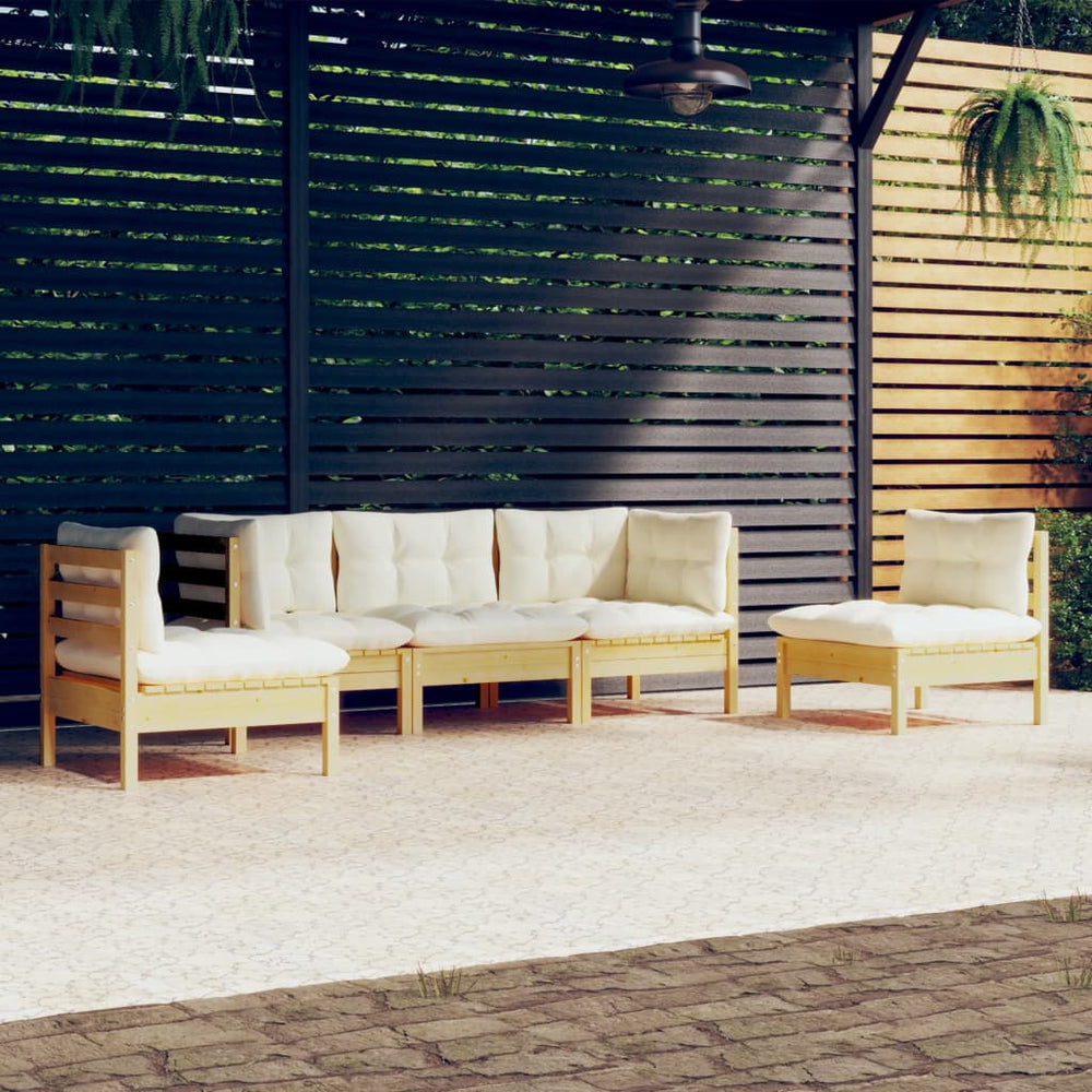 vidaXL Salon de jardin 5 pcs avec coussins crème Bois de pin massif