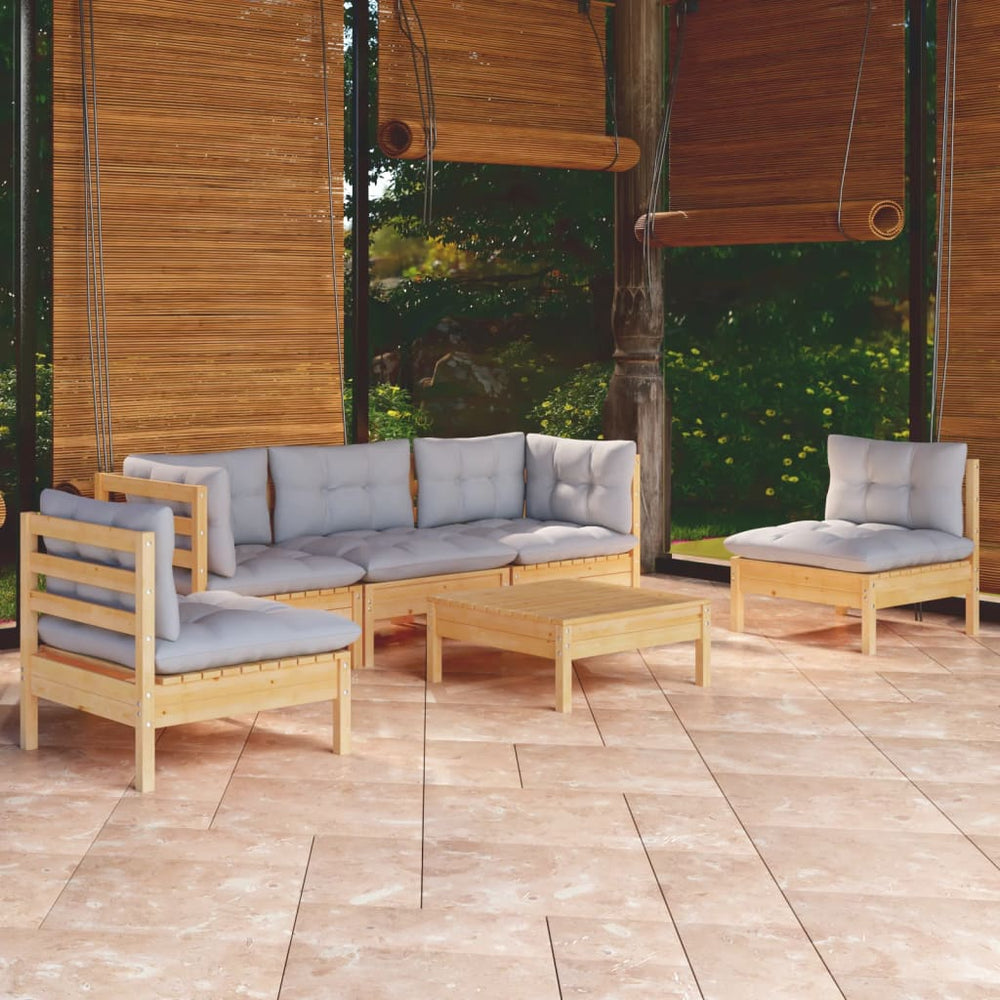 vidaXL Salon de jardin 6 pcs avec coussins gris Bois de pin massif