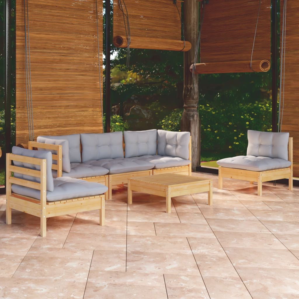 vidaXL Salon de jardin 6 pcs avec coussins gris Bois de pin massif