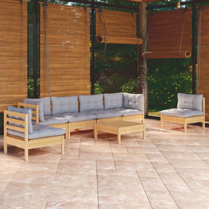 vidaXL Salon de jardin 7 pièces en pin massif avec coussins gris
