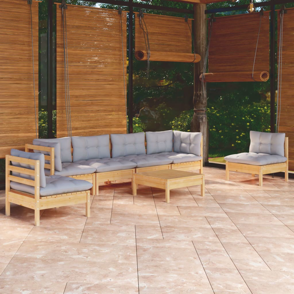 vidaXL Salon de jardin 7 pièces en pin massif avec coussins gris