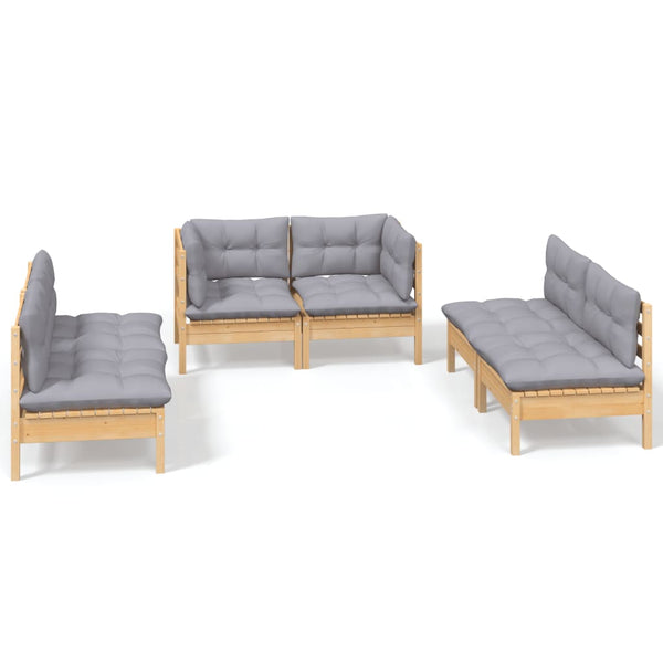 6-tlg. Garten-Lounge-Set mit Grauen Kissen Kiefer Massivholz