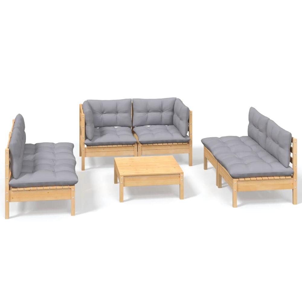 vidaXL Salon de jardin 7 pièces en pin massif avec coussins gris
