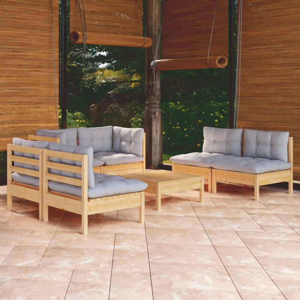 vidaXL Salon de jardin 7 pièces en pin massif avec coussins gris