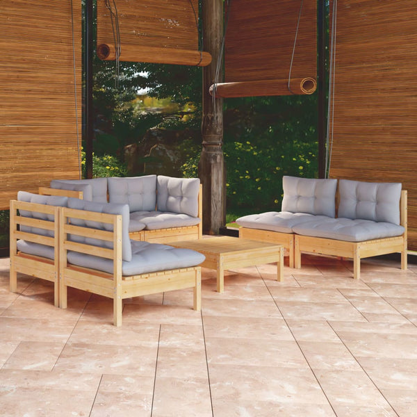 7-tlg. Garten-Lounge-Set mit Grauen Kissen Kiefer Massivholz