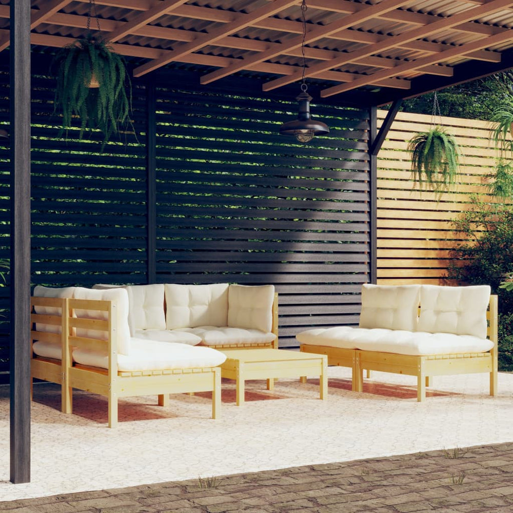 vidaXL Salon de jardin 7 pièces avec coussins crème, bois de pin massif
