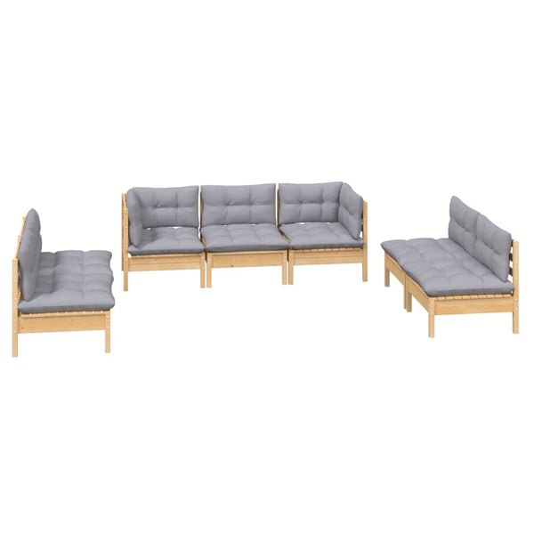 vidaXL Salon de jardin 7 pièces en pin massif avec coussins gris