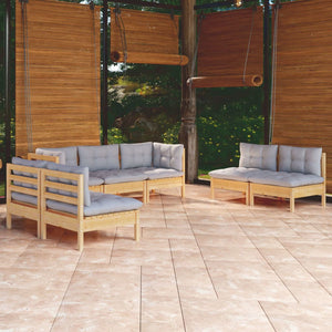 vidaXL Salon de jardin 7 pièces en pin massif avec coussins gris