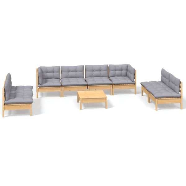 9-tlg. Garten-Lounge-Set mit Grauen Kissen Kiefer Massivholz
