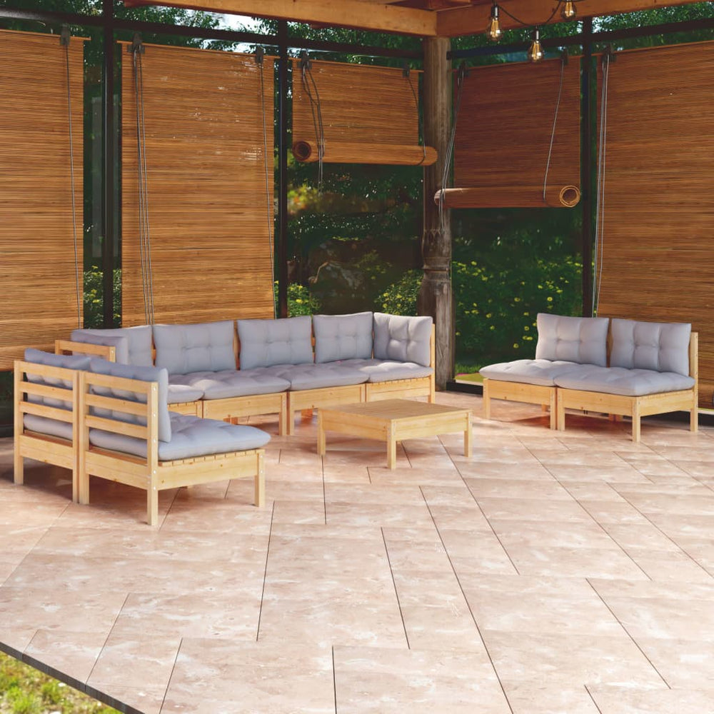 vidaXL Salon de jardin 9 pièces avec coussins gris Bois de pin massif