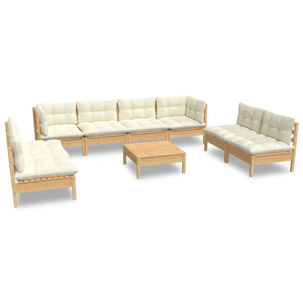 9-tlg. Garten-Lounge-Set mit Creme Kissen Massivholz Kiefer