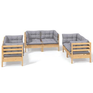 6-tlg. Garten-Lounge-Set mit Grauen Kissen Kiefer Massivholz
