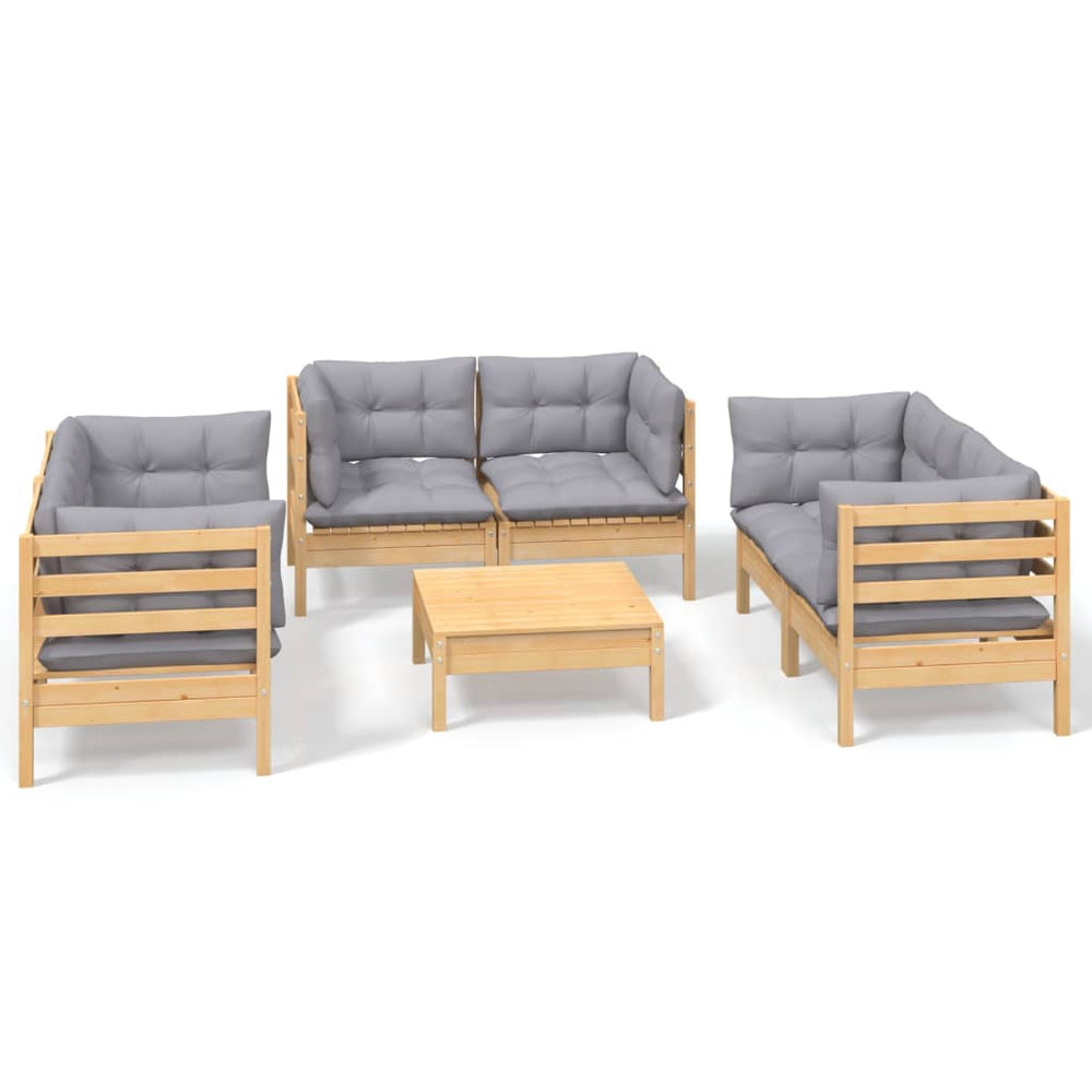 vidaXL Salon de jardin 7 pièces en pin massif avec coussins gris