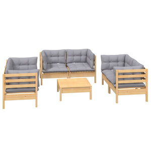 7-tlg. Garten-Lounge-Set mit Grauen Kissen Kiefer Massivholz