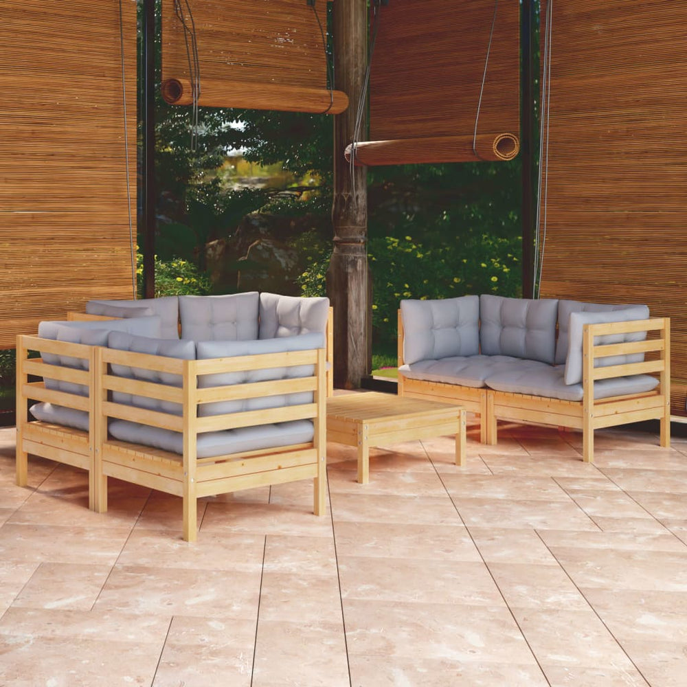 vidaXL Salon de jardin 7 pièces en pin massif avec coussins gris