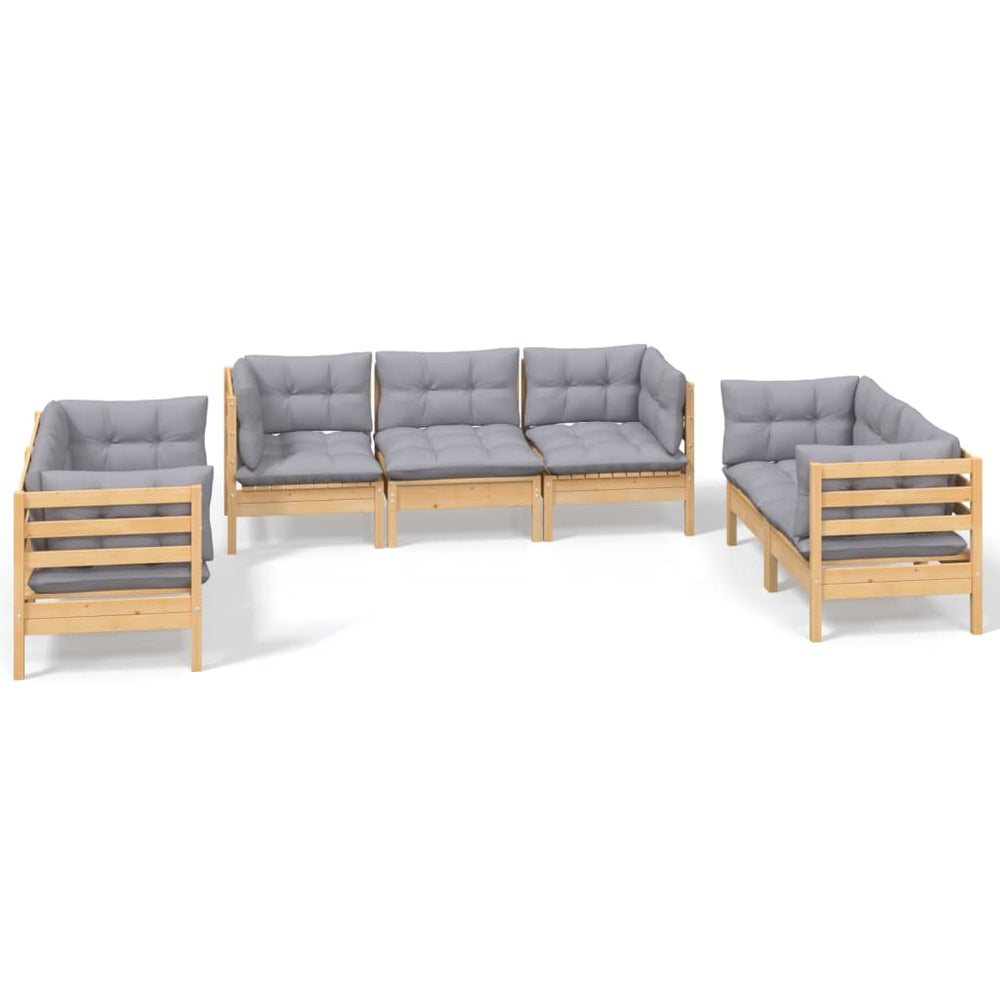 vidaXL Salon de jardin 7 pièces en pin massif avec coussins gris