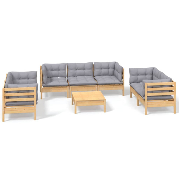 8-tlg. Garten-Lounge-Set mit Grauen Kissen Kiefer Massivholz