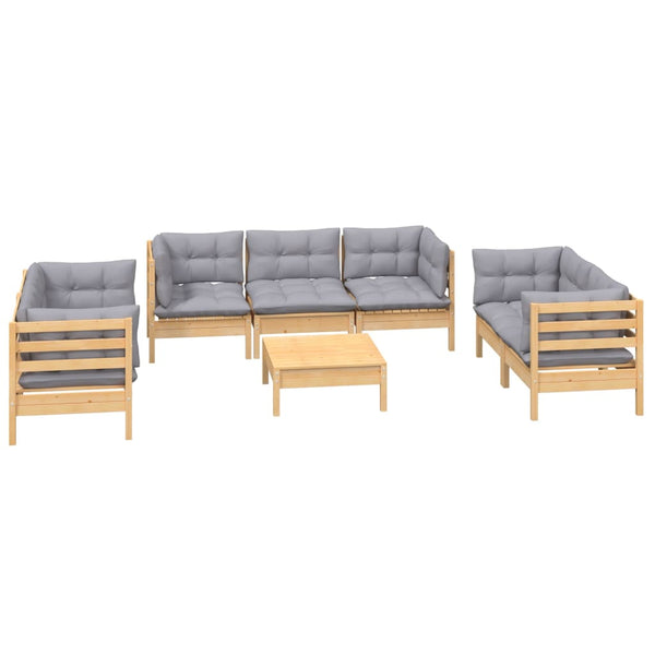 8-tlg. Garten-Lounge-Set mit Grauen Kissen Kiefer Massivholz