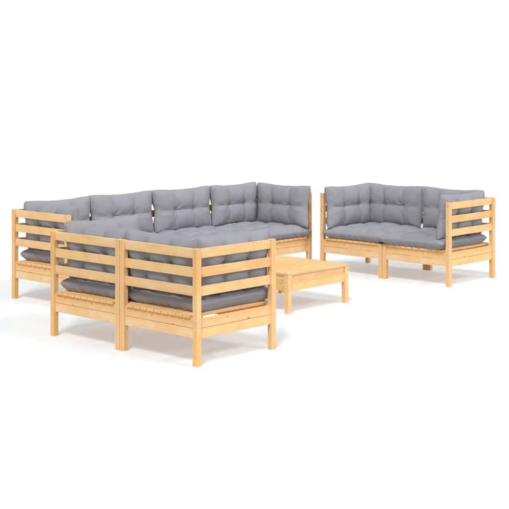 vidaXL Salon de jardin 9 pièces avec coussins gris Bois de pin massif