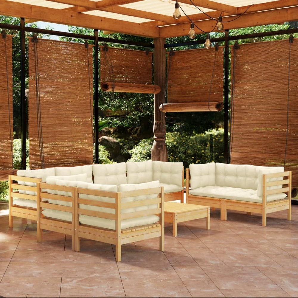 vidaXL Salon de jardin 9 pcs avec coussins crème, bois de pin massif