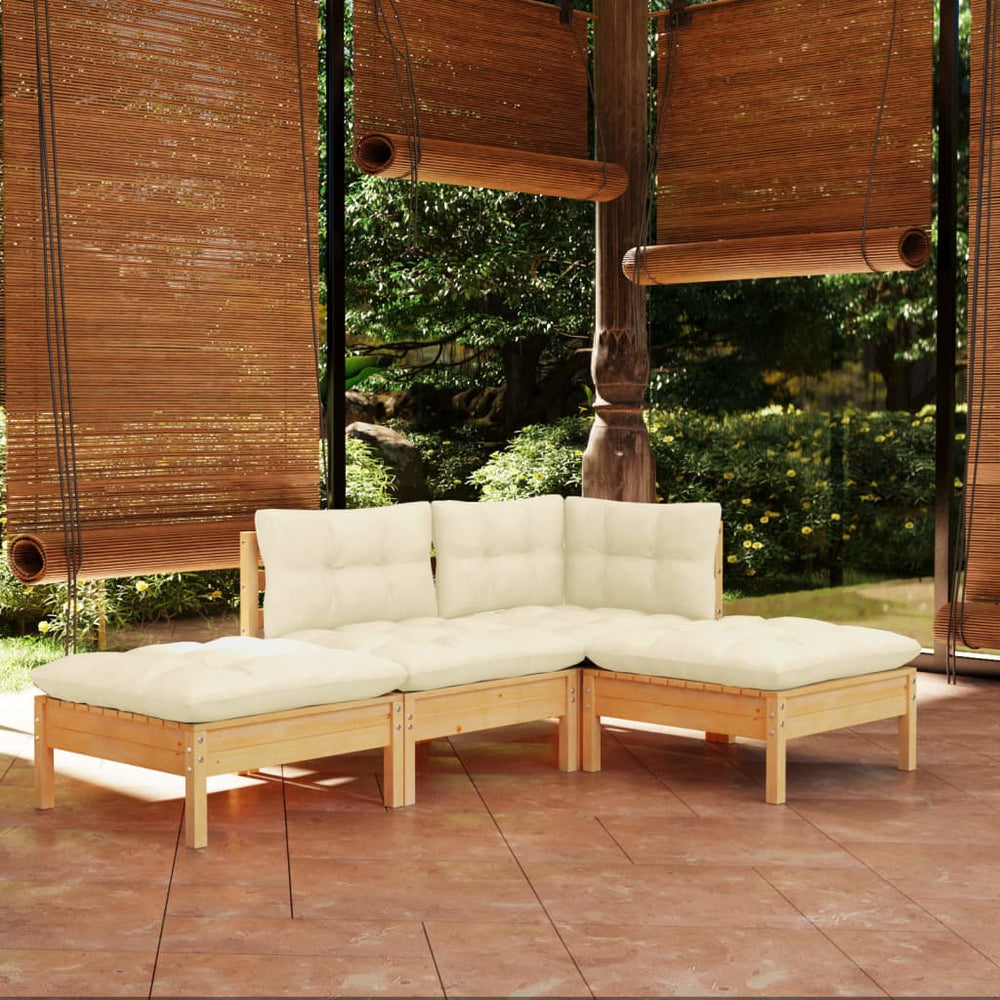 vidaXL Salon de jardin 4 pcs avec coussins crème Bois de pin massif