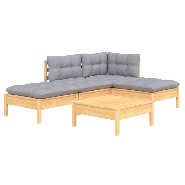 5-tlg. Garten-Lounge-Set mit Grauen Kissen Kiefernholz