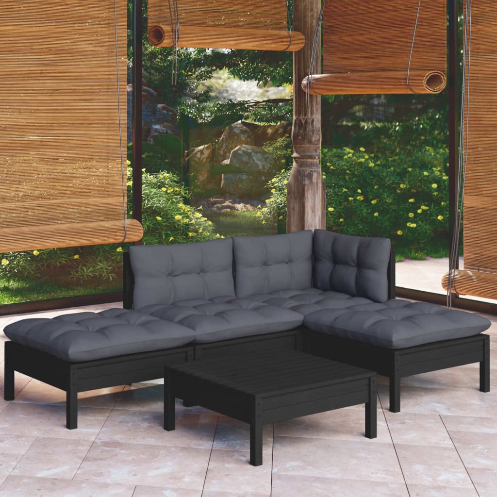 5-tlg. Garten-Lounge-Set mit Kissen Schwarz Kiefernholz